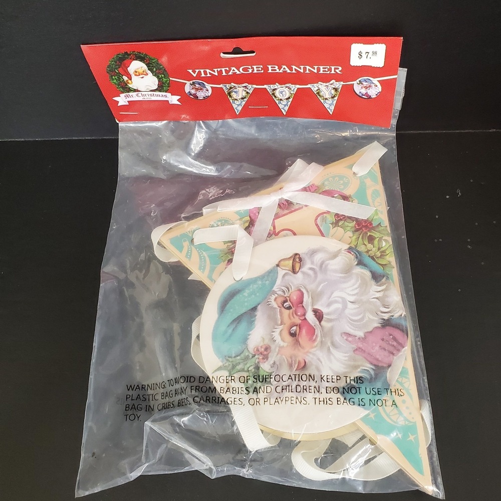 NEW Mr Christmas Vintage Look Banner Teal JOY Santa 53" Wide w/‎ Ribbon Rudolph